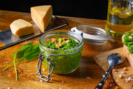 delicious wild garlic pesto with pine nutsの写真素材