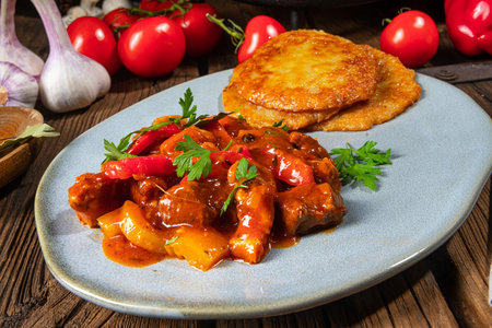 Original Hungarian goulash with potato pancakesの写真素材