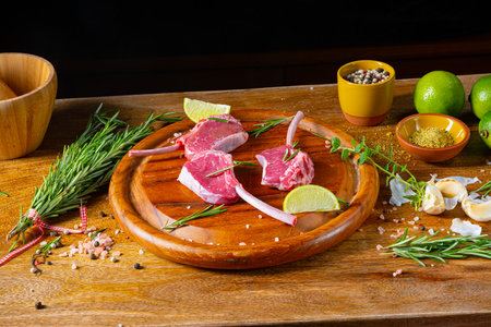 Raw Fresh Lamb Chops Wooden Cutting Boardの写真素材