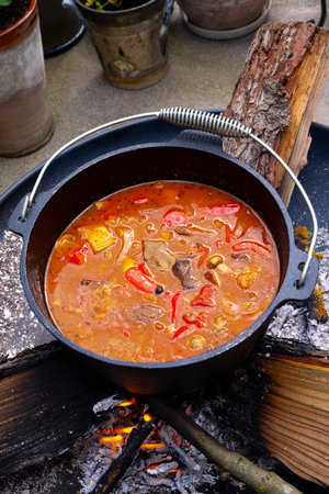 Kettle goulash is prepared over an open fire!の写真素材