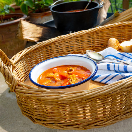 Kettle goulash is prepared over an open fire!の写真素材