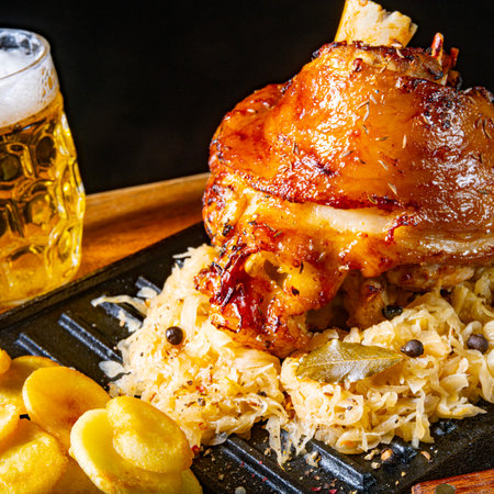 rustic pork knuckle with sauerkraut, sweet mustard and fried potatoesの写真素材