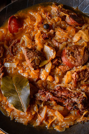Polish bigos cooked according to an old recipe with wine and plumの写真素材