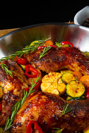 Fried chicken legs with various vegetables and spicesの写真素材