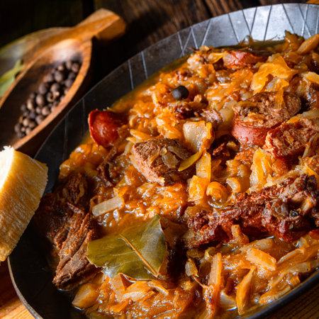 Polish bigos cooked according to an old recipe with wine and plumの写真素材