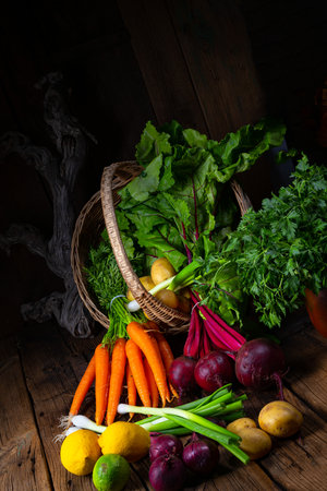 Basket with various vegetables: beetroot and carrotの写真素材