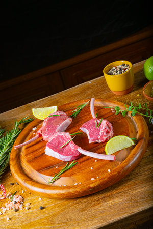 Raw Fresh Lamb Chops Wooden Cutting Boardの写真素材