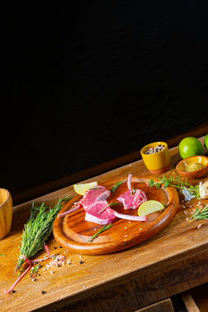 Raw Fresh Lamb Chops Wooden Cutting Boardの写真素材
