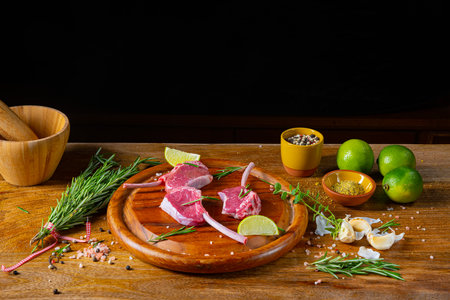 Raw Fresh Lamb Chops Wooden Cutting Boardの写真素材