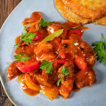 Original Hungarian goulash with potato pancakesの写真素材