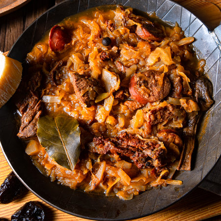 Polish bigos cooked according to an old recipe with wine and plumの写真素材
