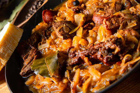 Polish bigos cooked according to an old recipe with wine and plumの写真素材