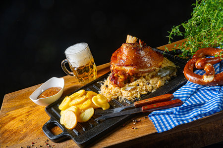 rustic pork knuckle with sauerkraut, sweet mustard and fried potatoesの写真素材