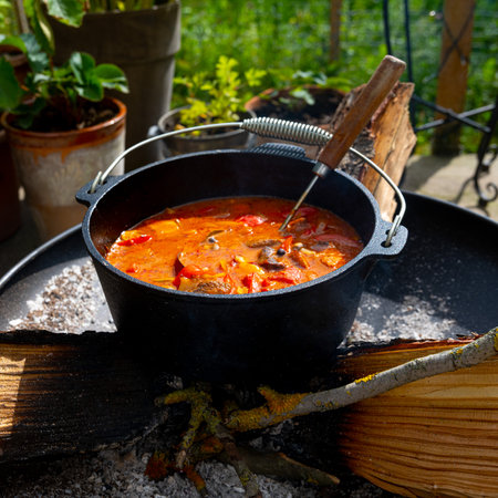 Kettle goulash is prepared over an open fire!の写真素材