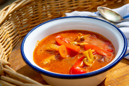 Kettle goulash is prepared over an open fire!の写真素材