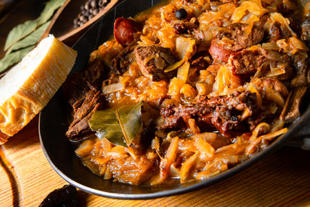 Polish bigos cooked according to an old recipe with wine and plumの写真素材