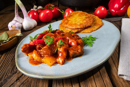 Original Hungarian goulash with potato pancakesの写真素材