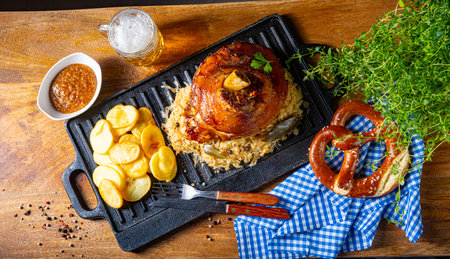 rustic pork knuckle with sauerkraut, sweet mustard and fried potatoesの写真素材