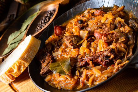 Polish bigos cooked according to an old recipe with wine and plumの写真素材