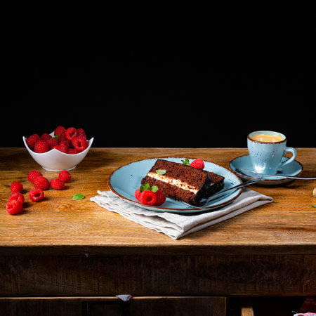 Rustic chocolate cake with raspberries and coffeeの写真素材