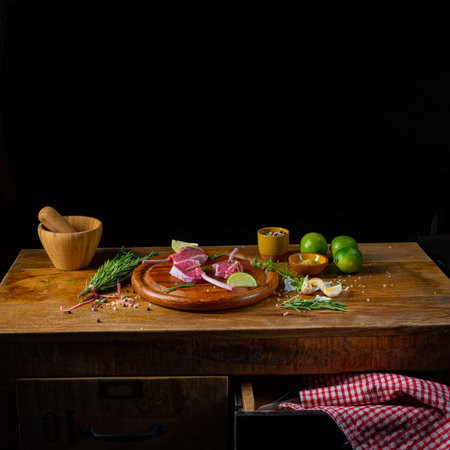 Raw Fresh Lamb Chops Wooden Cutting Boardの写真素材