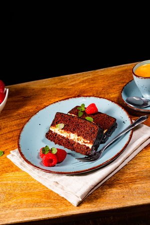 Rustic chocolate cake with raspberries and coffeeの写真素材
