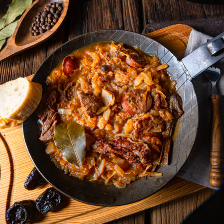 Polish bigos cooked according to an old recipe with wine and plumの写真素材
