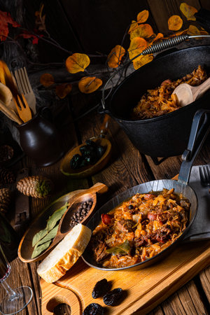Polish bigos cooked according to an old recipe with wine and plumの写真素材