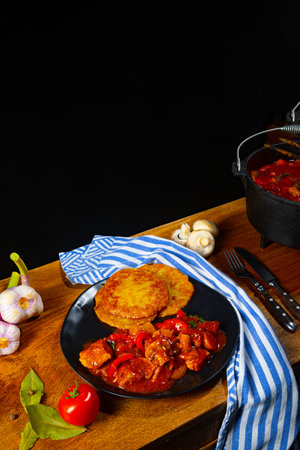 Original Hungarian goulash with potato pancakesの写真素材
