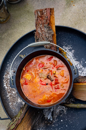 Kettle goulash is prepared over an open fire!の写真素材