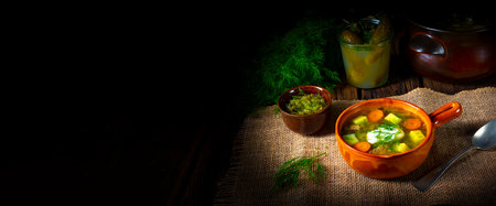 Polish sour cucumber soup with dillの写真素材