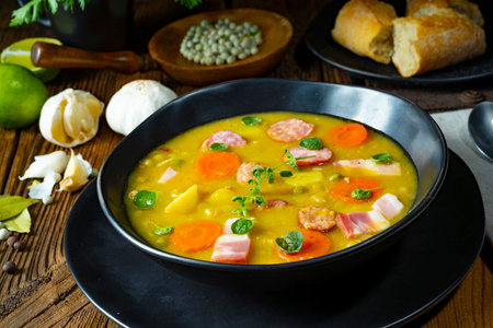 Hearty rustic pea soup with bacon and sausageの写真素材