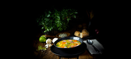 Hearty rustic pea soup with bacon and sausageの写真素材