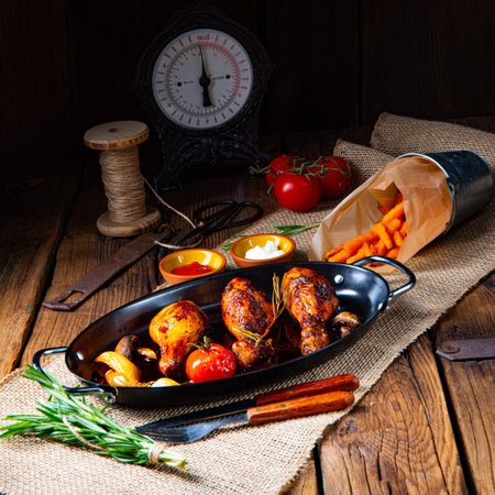 grilled chicken legs in barbecue marinade with sweet potatoesの写真素材