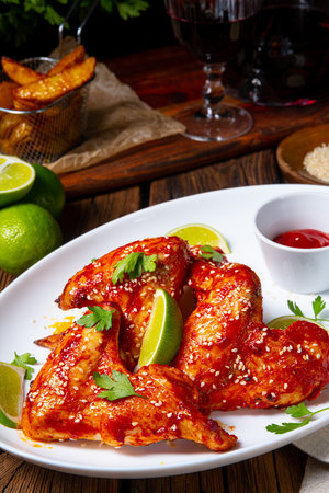 chicken wings with potato wedges and sesame.の写真素材