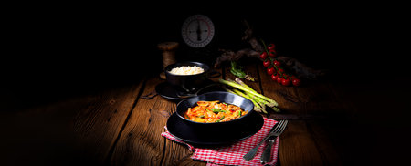 colorful turkey fricassee with asparagus and paprikaの写真素材