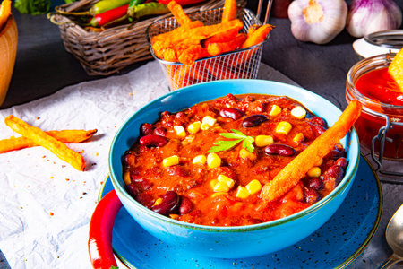 chili con carne with sweet potato and spicy nachosの写真素材