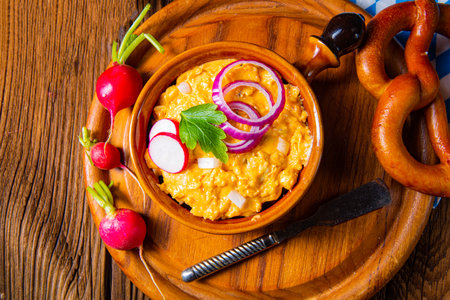 rustic Bavarian obazda with radishes and onionsの写真素材