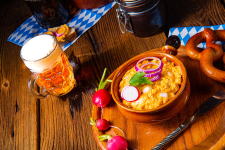 rustic Bavarian obazda with radishes and onionsの写真素材