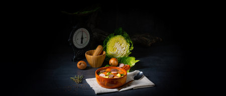 Delicious savoy cabbage stew in a rustic bowlの写真素材