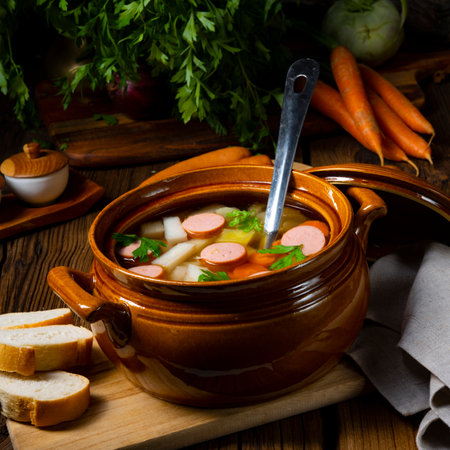 Potato kohlrabi soup with bockwurstの写真素材