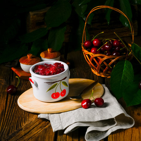Delicious homemade cherry jamの写真素材
