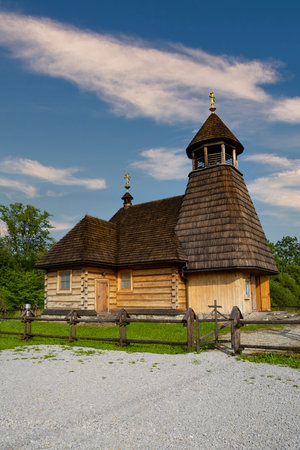 church and orthodox church in Bieszczady.の写真素材