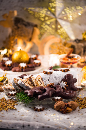 Decorated Christmas table with sweetsの写真素材