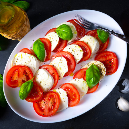 Tomato with mozzarella and basilの写真素材