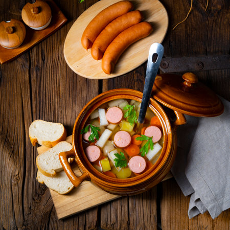 Potato kohlrabi soup with bockwurstの写真素材