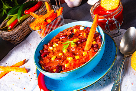 chili con carne with sweet potato and spicy nachosの写真素材