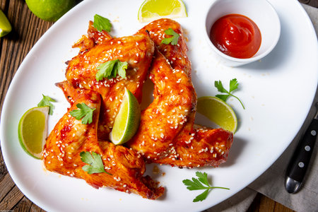 chicken wings with potato wedges and sesame.の写真素材