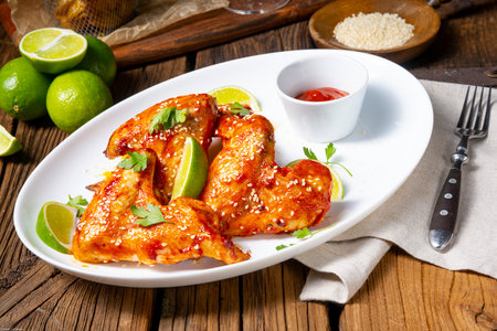chicken wings with potato wedges and sesame.の写真素材