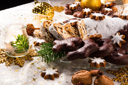 Decorated Christmas table with sweetsの写真素材